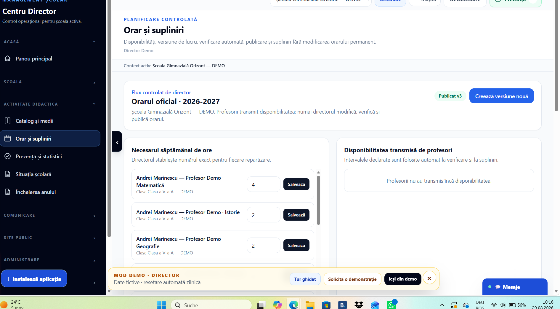 Panoul real al directorului din modul demonstrativ ȘcoalaHub