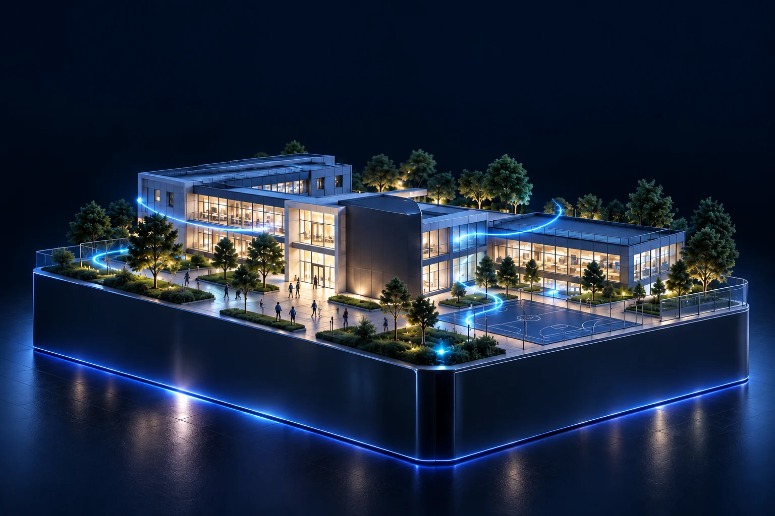 Campusul digital ȘcoalaHub, ilustrat noaptea